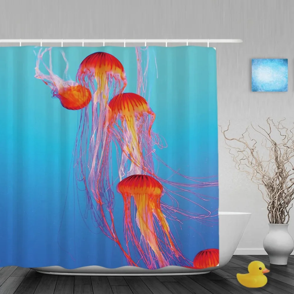 Orange Jellyfish Tentacles Bathroom Curtain Aquarium Bright Blue Water