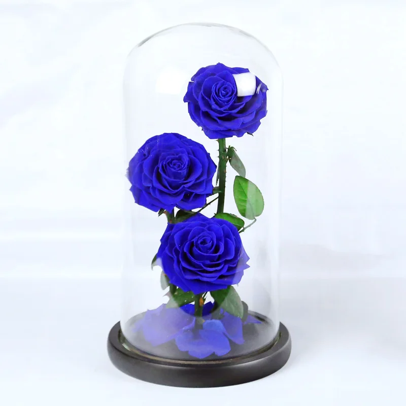 32 см стеклянная крышка свежесконсервированные розы цветы колючая Роза Флорес для свадьбы свадебные вечерние украшения подарок на день Святого Валентина - Цвет: blue-3heads