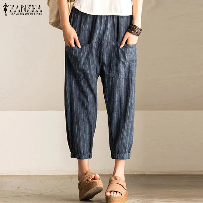 

ZANZEA 2019 Women Casual Trousers Plus Size 5XL Striped Autumn Pant High Elastic Waist Pockets Baggy Pantalon Work Harem Pants
