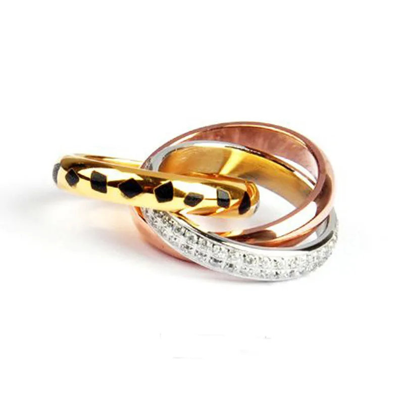 

Wholesale top quality titanium steel three color three ring leopard full crystal ring for men and women jewelry exquisite