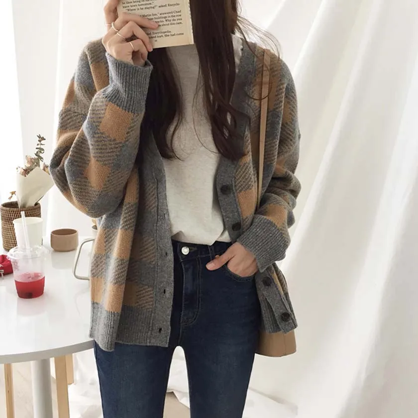 Шикарный осенний женский кардиган свитер винтажный клетчатый корейский женский Повседневный модный однобортный T97317D