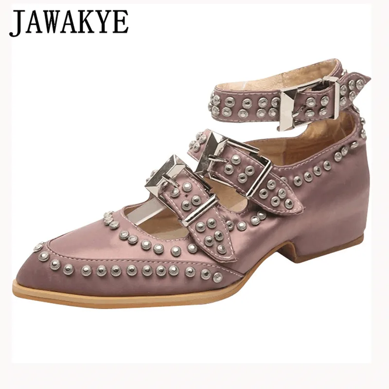 

2018 Spring summer flat shoes women three buckled strap rivets studded wedge heel pointed toe casual shoes chaussure femme