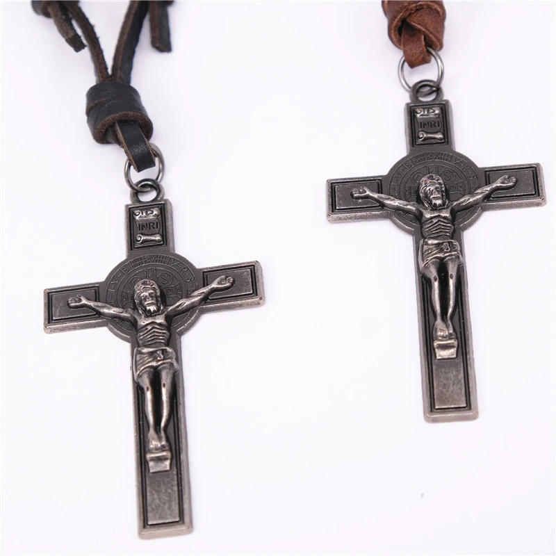 NIUYITID Collare INRI Crucifix Men Jesus Cross Pendant Necklace Women Best Genuine Leather Jewelry Religious Drop Ship  (1)