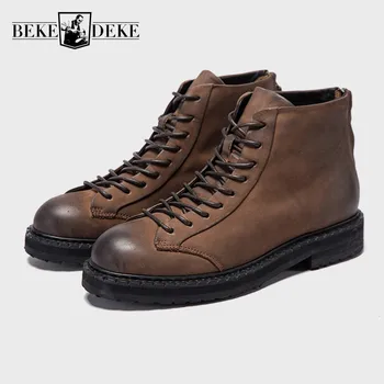

Hand Made Mens Boots England Style Retro Zipper Genuine Leather High Top Shoes Men Round Toe Quality Platform Ankle Boots