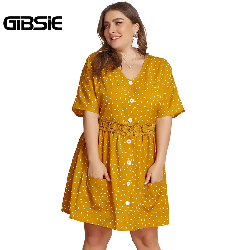 

GIBSIE Plus Size Polka Dot Button Women Dress Elegant V Neck Lace Patchwork Double Pocket Mini Dresses Summer Casual OL Dress