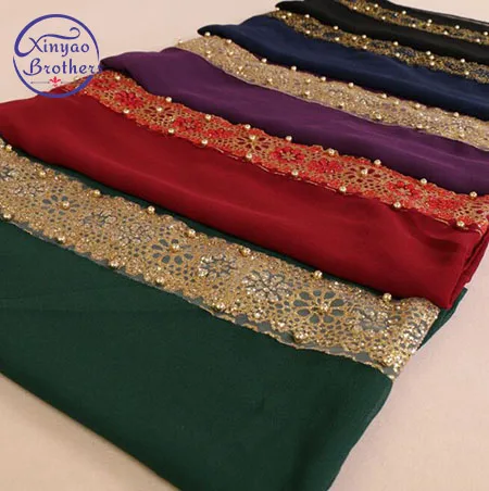 

180*85cm women's lace chiffon silk gold beads scarf glitter floral plain hijab muslim pearl nice 9 color scarves/shawls