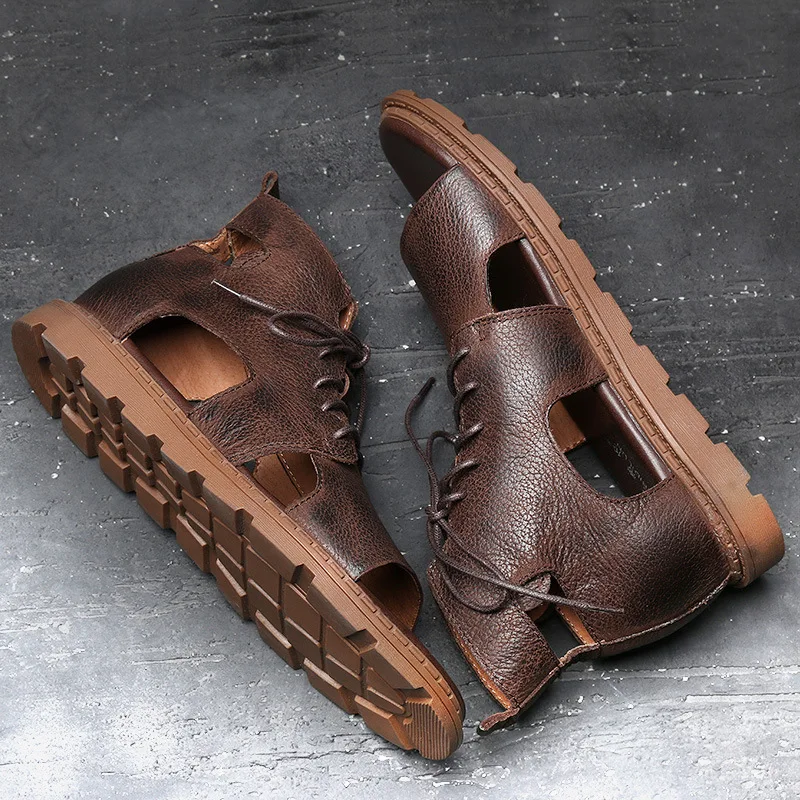 Мужские сандалии-гладиаторы с высоким берцем из натуральной кожи; повседневная обувь на шнуровке; пляжная обувь в римском стиле; A214 - Цвет: Brown