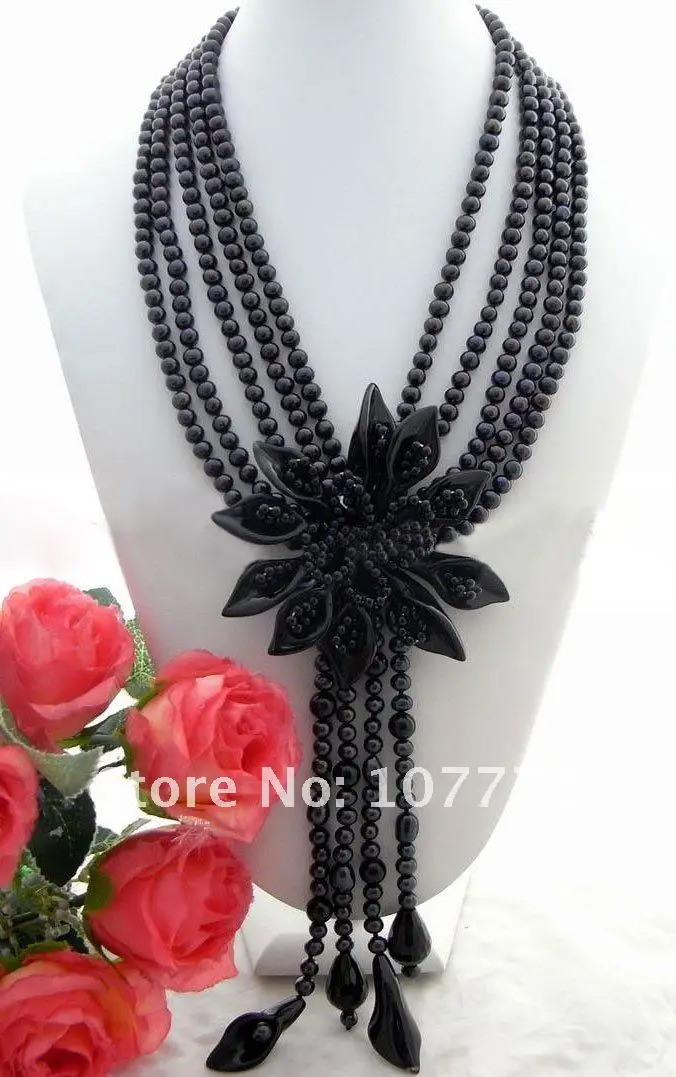 

Hand-Made Semi-Stone Beautiful! 5 strands Black Pearl Onyx Necklace