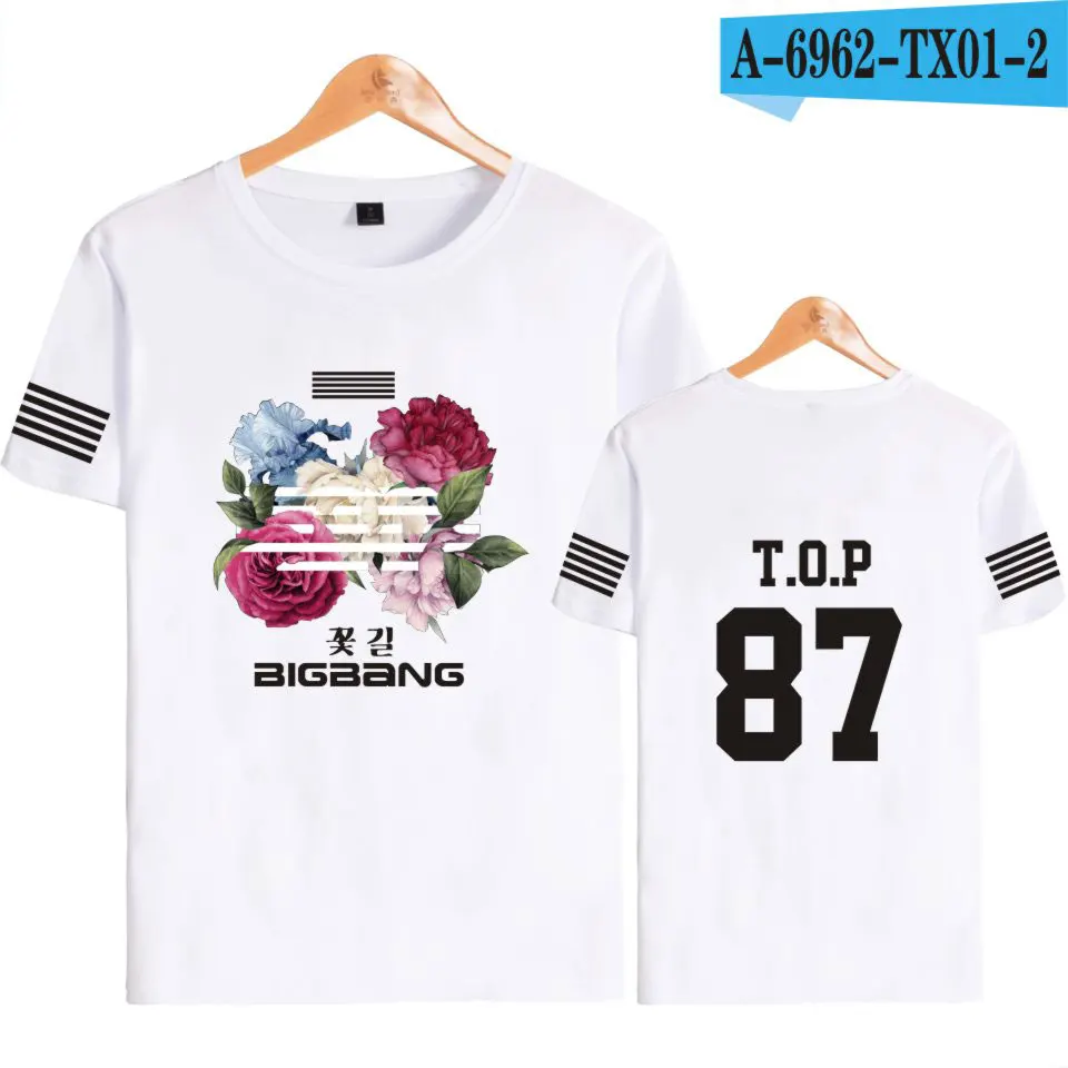 Футболки в стиле хип-хоп с цветочным принтом BIGBANG Kpop, хлопковая футболка с короткими рукавами, летняя одежда, G-DRAGON T.O.P SOL V.I D-LITE NAZZ - Цвет: white