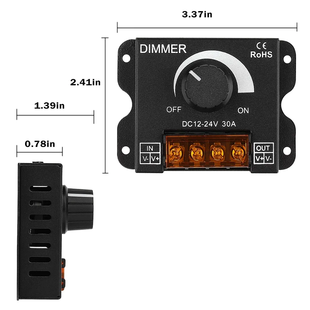 Knob Dimmer DC 12V 24V 30A Aluminum Adjustable Brightness PWM Dimming Switch Controller for Single Color LED Strip Lights Lamp
