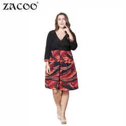 ZACOO Для женщин печатных лоскутное v-образным вырезом и рукавом 3/4 плюс Размеры платье повседневные облегающие империи талии линия по колено