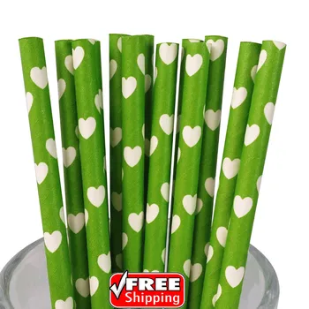 

200pcs White Hearts Green Paper Straws-Green and White Drinking Paper Straws-Wedding Valentine Birthday Party Garden Mason Jar