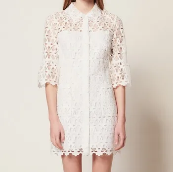 

2019 spring new half flare sleeve souble flower lace embroidery women single breasted high quality white lace dress