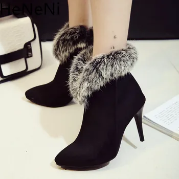 

New 2018 Autumn Winter Fashion Woman Boots High Heels women Fur Ankle Boots Sexy Pointed Toe Martin Boots Plus Size 33-43