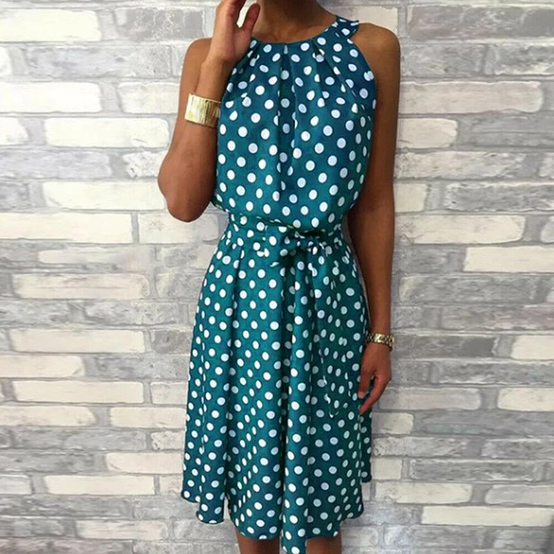 Women Polka Dot Dress 2019 Elegant Women Summer Sundress Dresses Short Sleeve Belt Dresses Off Ladies Sleeveless Plus Size Dress