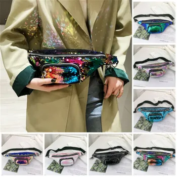 

2019 New Fashion Women Sequin Waist Fanny Pack Belt Zipper Waist Bag Chest Pouch Gift