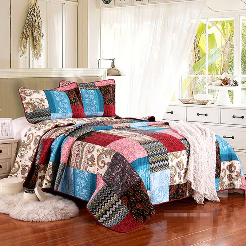 

Free shipping bohemian national plaid 100%cotton 3pcs American style applique patchwork quilt bedspread full/queen size AN
