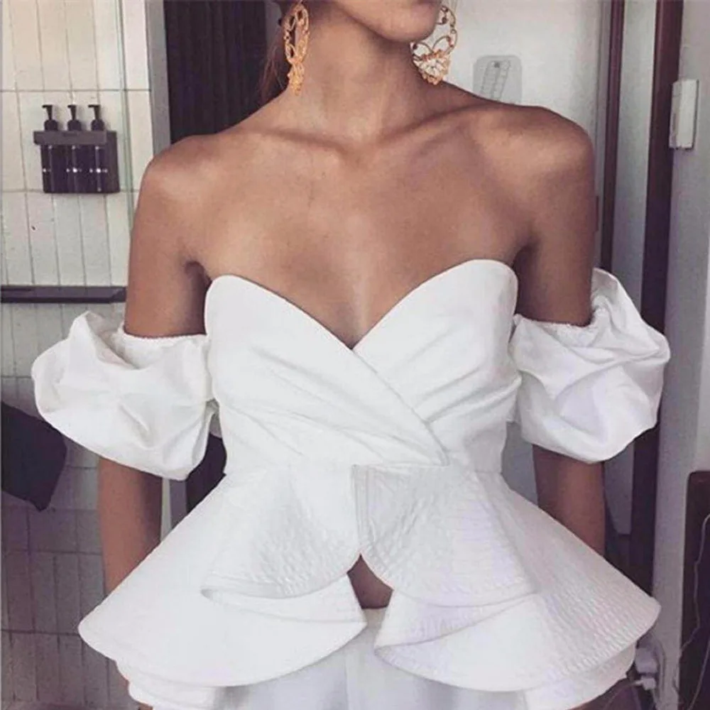 

New Blue White off shoulder Puff Sleeve blouse shirt women Sexy butterfly sleeve backless black blouse 2018 Summer blouse top