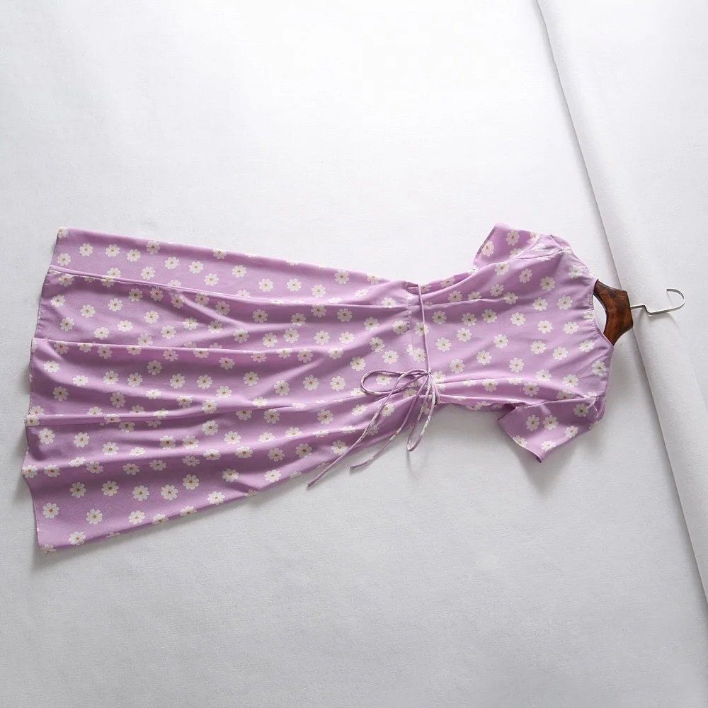Летнее богемное винтажное платье в горошек с цветочным принтом, женское шифоновое пляжное платье с коротким рукавом, корейская мода, v-образный вырез, Вечерние Платья Миди
