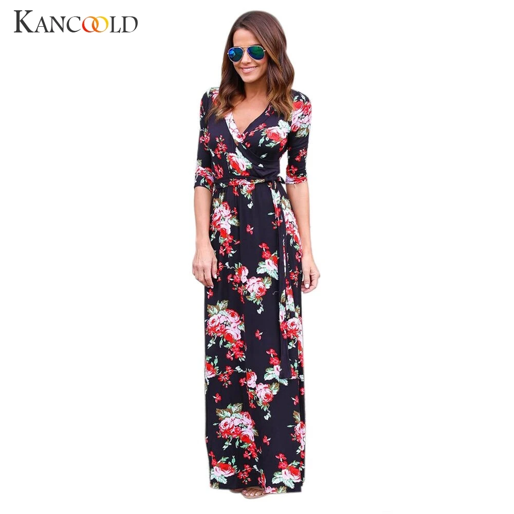 Vintage Floral Printed Vestidos Women Boho V Neck Maxi Dress Three Quarter Sleeve Long Dress Vestidos Femme With Belt 424 long-floral-maxi : image Vintage Floral Printed Vestidos Women Boho V Neck Maxi Dress Three Quarter Sleeve Long Dress Vestidos Femme With Belt 424 long-floral-maxi