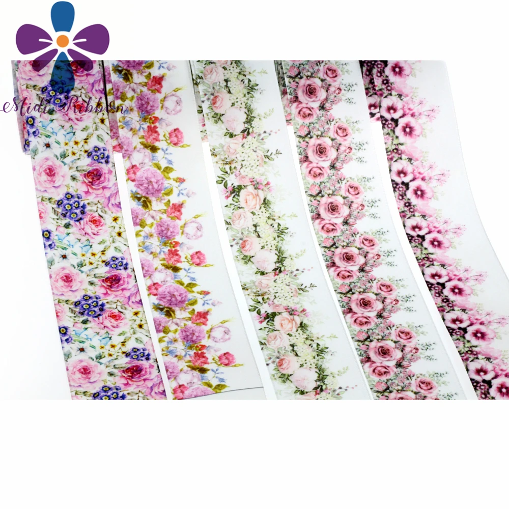 

100yards/roll 1-1/2"38mm Spring Series Printed Single Face Satin Ribbon (Only Back is Stain) Flower Patterns DIY Gift Bowknots