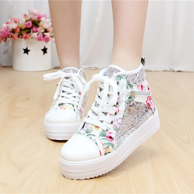 

2019 Fashion Women Vulcanized Sneakers Spring High Top Women Shoes Weaving Mesh Breathable Flat Casual Printing Shoes
