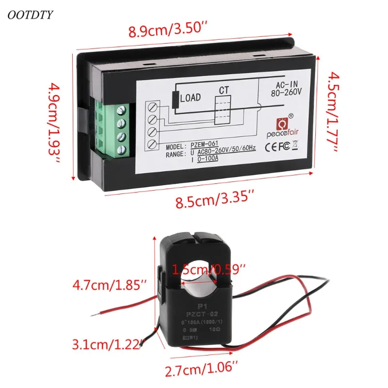 OOTDTY AC 80-260V 100A напряжение тока ватт Мощность счетчик энергии PZEM-061 с разделением CT