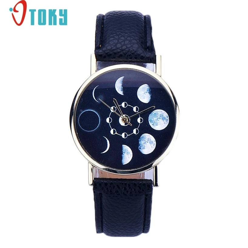 

Novel Design Women watches Lunar Eclipse Pattern PU Leather band clock Analog Quartz Wrist Watch relogios feminino hour jy15