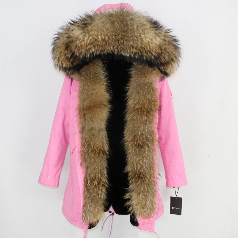 OFTBUY длинная парка, пальто из натурального меха енота, зимняя куртка для женщин, уличная верхняя одежда, Толстая Теплая Повседневная куртка с большим меховым воротником - Цвет: pink natural