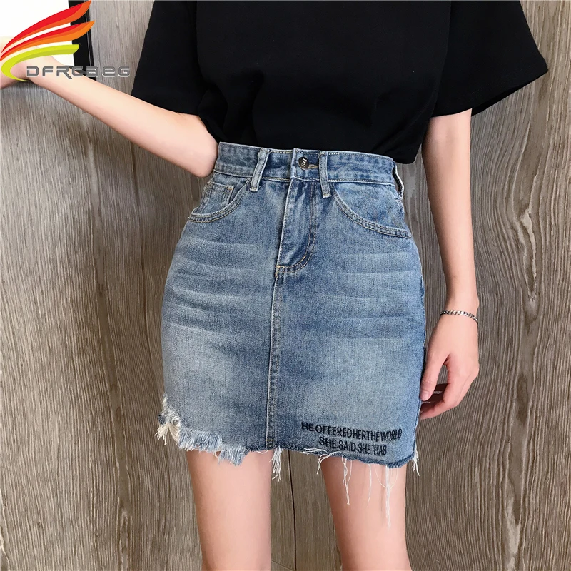 

High Waist Letter Embroidery Denim Skirts For Women Summer 2019 New Lady Pencil Skirt Women Ripped Hole Mini Jeans Skirt Women