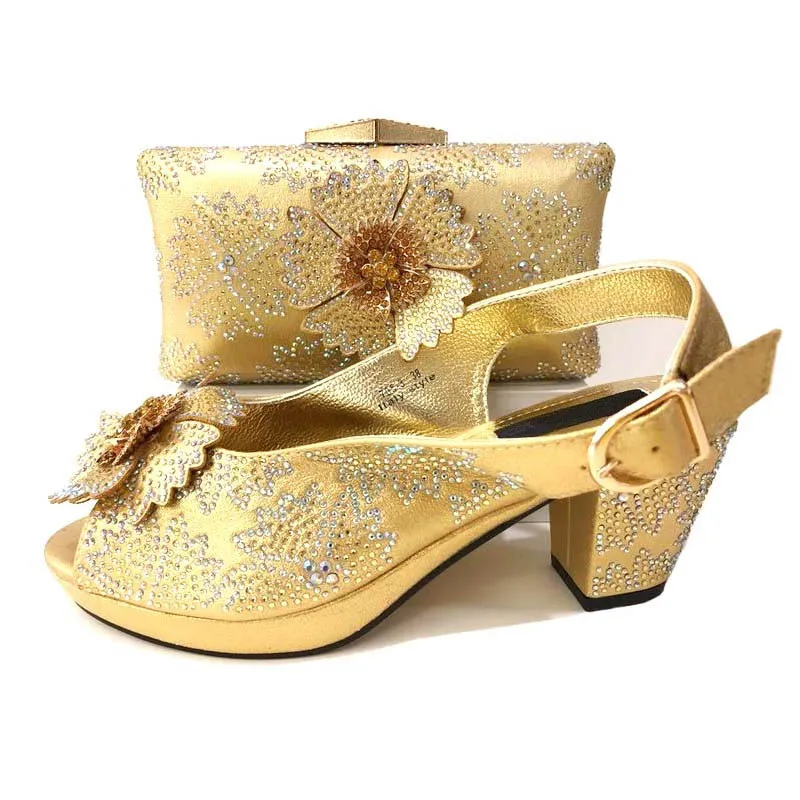 

Gold Color Italian Shoes with Matching Bag Set Decorated with Appliques African Women wedge Shoes and Bag Set for Wedding Party