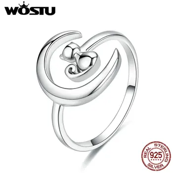 

WOSTU Genuine 925 Sterling Silver Moon Cat Finger Rings For Women Girl Fashion Party Ring Anel Jewelry Birthday Gift CQR451