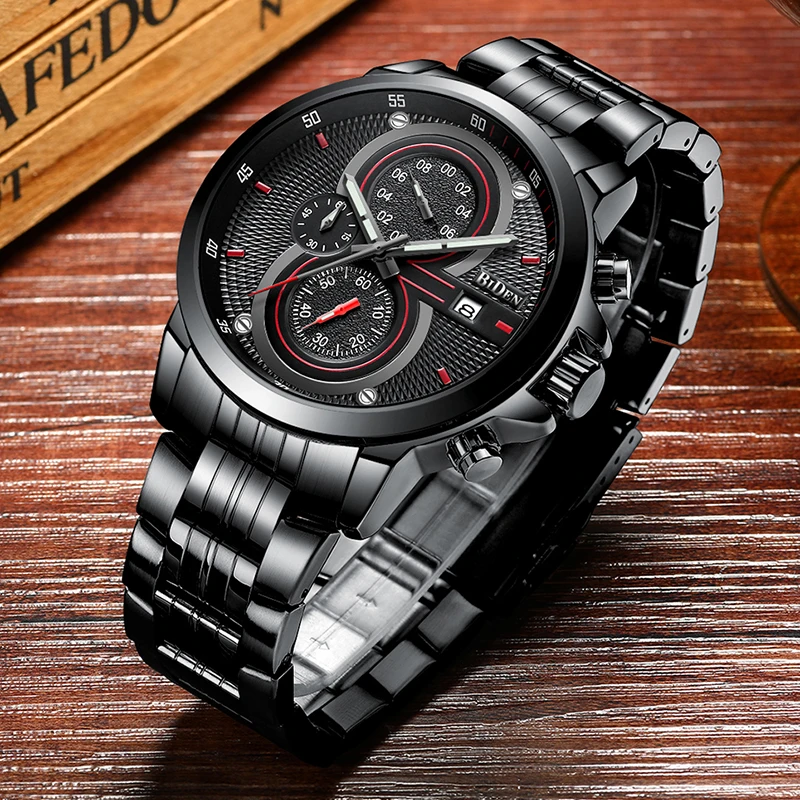  Man Watch BIDEN Top Brand Luxury Steel Strap Business Quartz Watch Military Army Waterproof Sports 