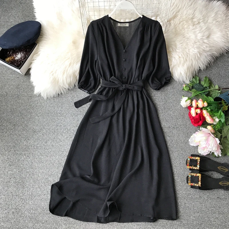 

Vintage V-neck Signle-breasted Ladies Office Dress 2019 Summer Women Korean Casual Midi Chiffon Dress Vestidos