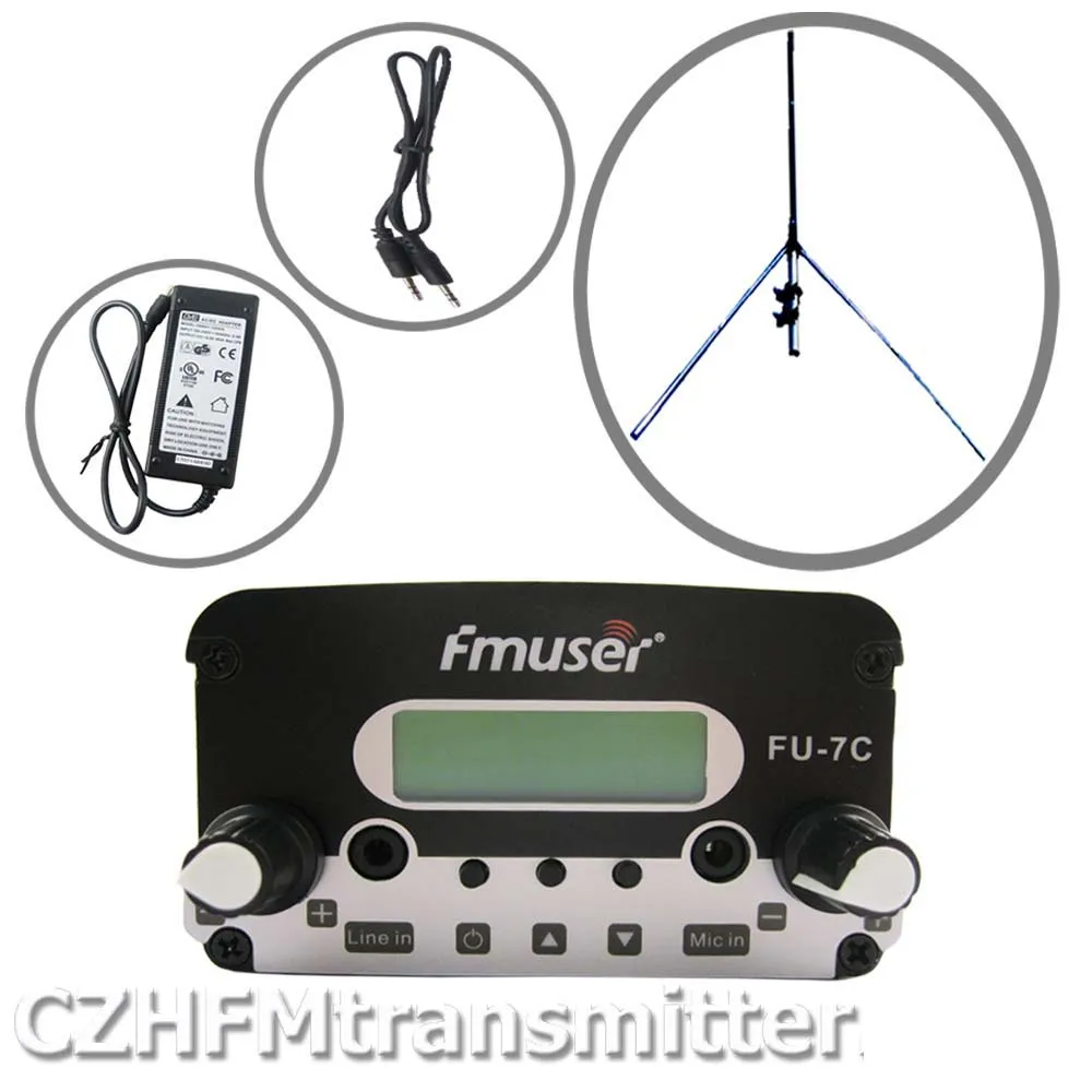 

FMUSER FU-7C 7w stereo PLL broadcast transmitter 1/4 wave GP antenna Powersupply 76MHz-108MHz