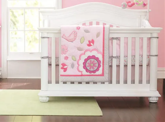 Promotion! 7PCS embroidery Crib Bedding Baby Bedding Set Baby Nursery Crib Bumper ,include(bumper+duvet+bed cover+bed skirt)