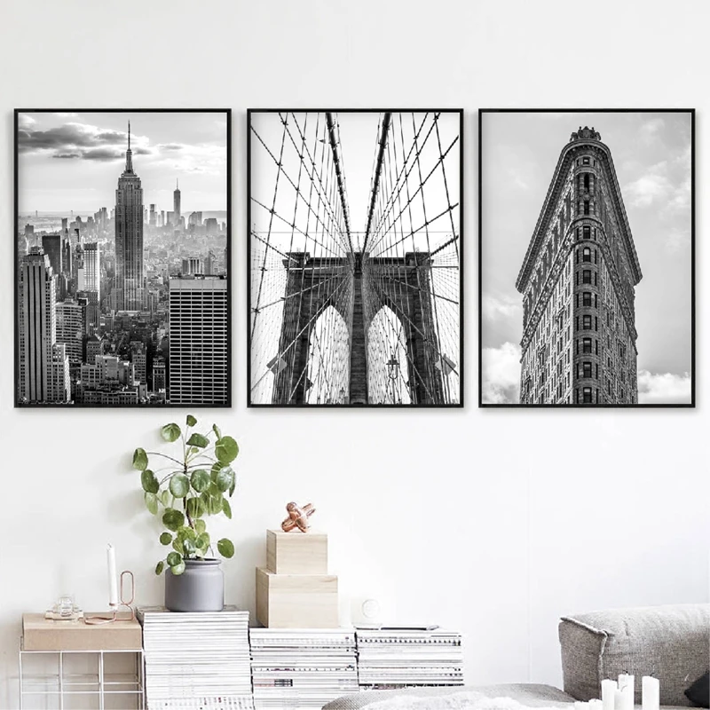 Нью-Йорк, черно-белые постеры и принты, Бруклинский мост и плоская железная стена с фотографиями, искусство, холст, живопись, картины, домашний декор