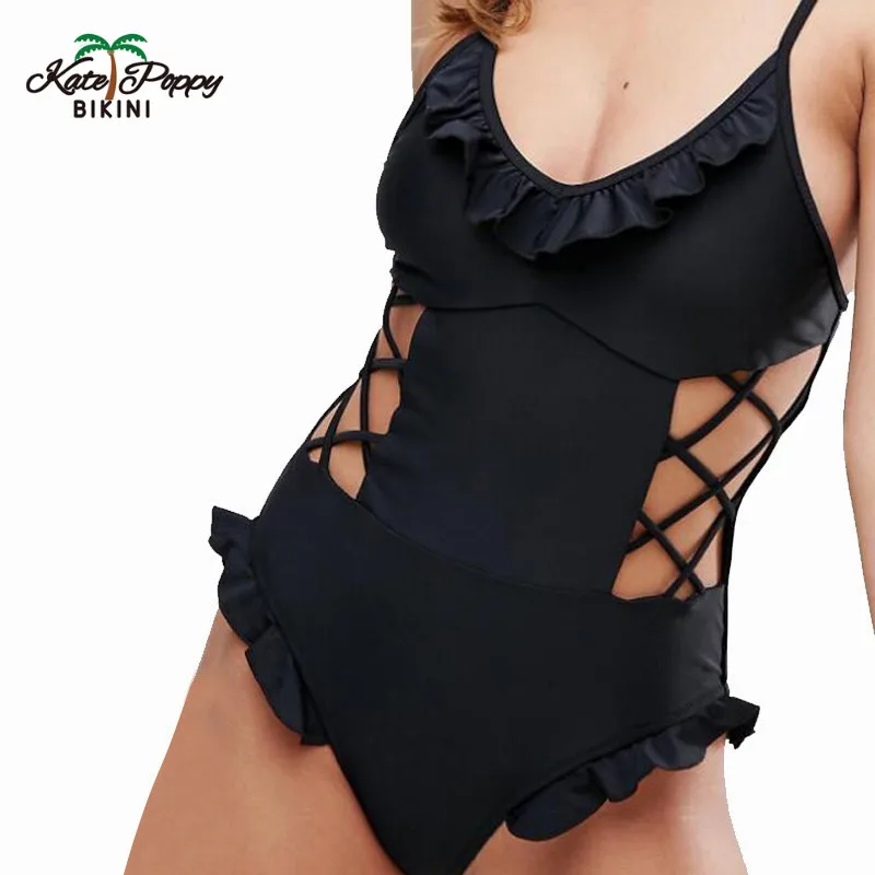 

Summer Women Swimwear One-piece Swimsuit Hollow Out Bandage Ruffled Beachwear