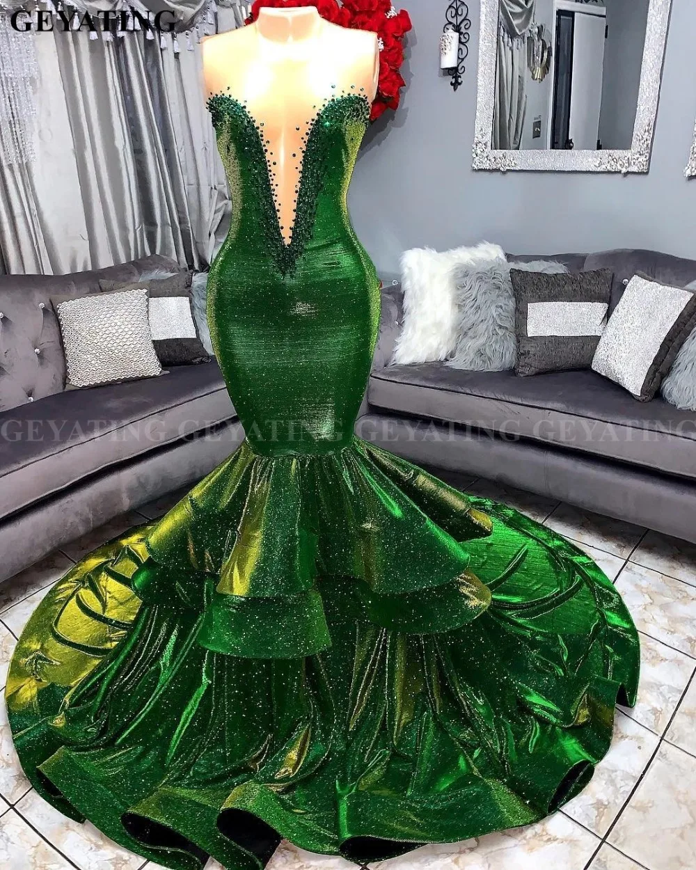 Блестящие Блестки Зеленые Русалка африканские платья для выпускного вечера элегантные иллюзии v-образным вырезом гофрированный поезд размера плюс платье на выпускной вечер