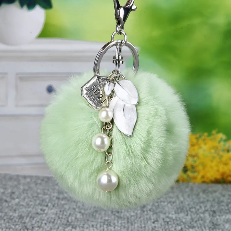 8 cm Fluffy conejo piel Llavero perla hojas Llavero piel Pom Llavero Pompon Porte Clef Pompom De fourrure colgante