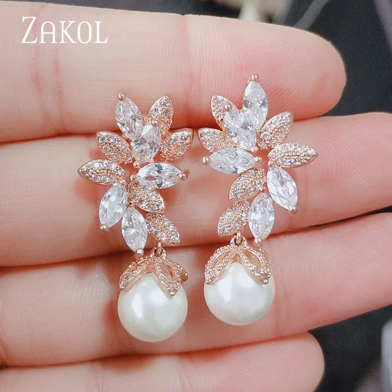 ZAKOL Fashion Design Elegant Female Jewelry White Gold CZ Drop Earings With Imitation Pearls For Gift FSEP568