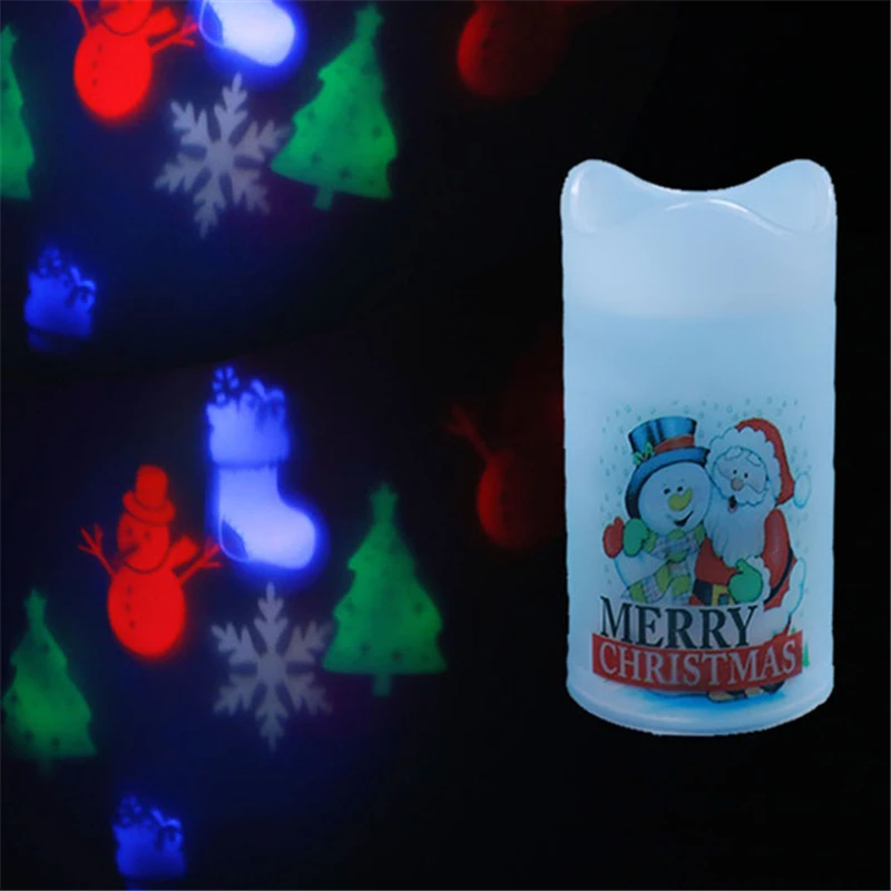 

LED Christmas Laser Candle Projector Lamps Snowflake Snowman Santa Claus Multi-color Projector Candle Lights Battery Powerd