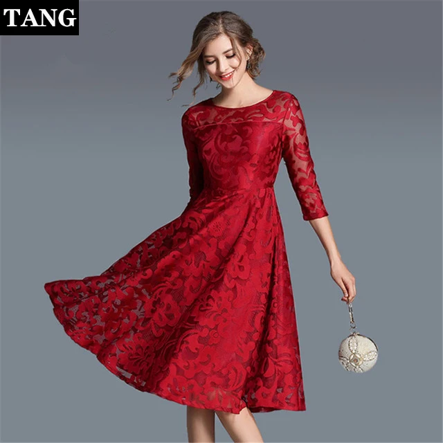 

women summer dress 2019 European women's wear celebrity style seven-sleeve plus size perspective jacquard black red lace dress