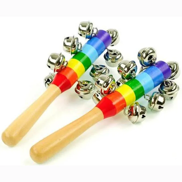 

New 1 Piece Baby Wooden Rattle Rainbow Color Hand Bell Baby Rattles Jingle Bells Infant Shaker Rattle Educational Toys