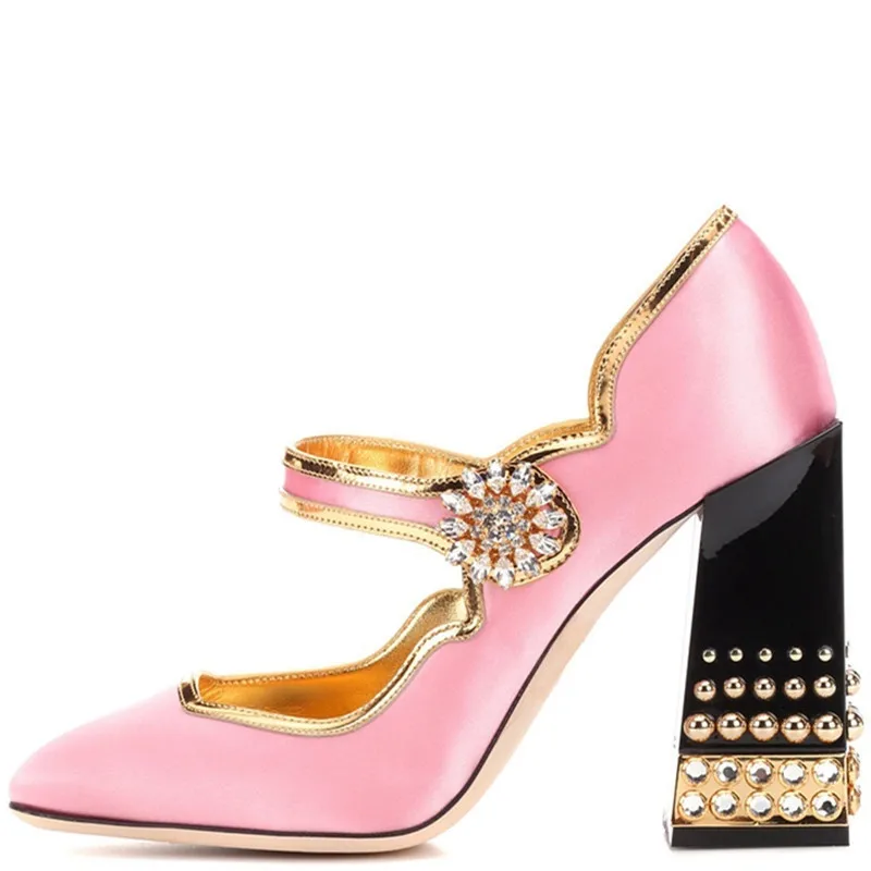 

2018 New Design Lolita Style Pink Satin Mary Jane Shoes Thick Chunky Jewelry Heel Rhinestone Buckle Women Wedding Pumps