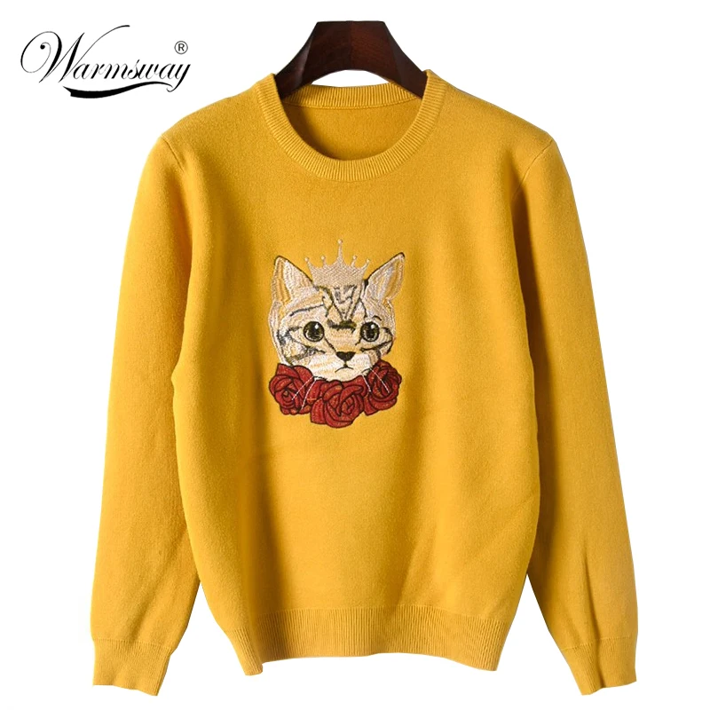 New Fashion Sweater Female Pullovers Rose Crown Cat Embroidery Winter Spring Knitted Pullover Runway Designer Tops Jumper WS-081