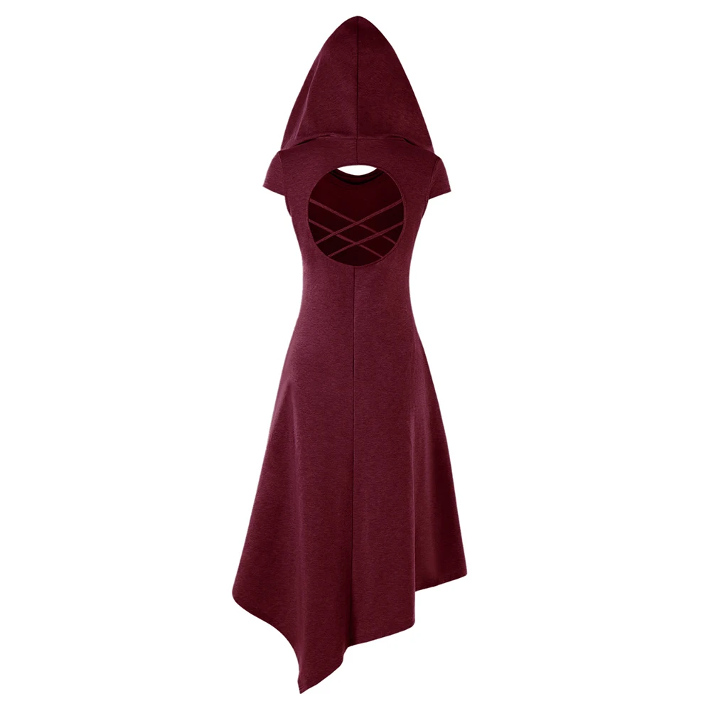 VESTLINDA Asymmetrical Hooded Cut Out Midi Dress Women Dress Summer Hooded Short Sleeves Solid Colors Dresses Vestido De Festa 11