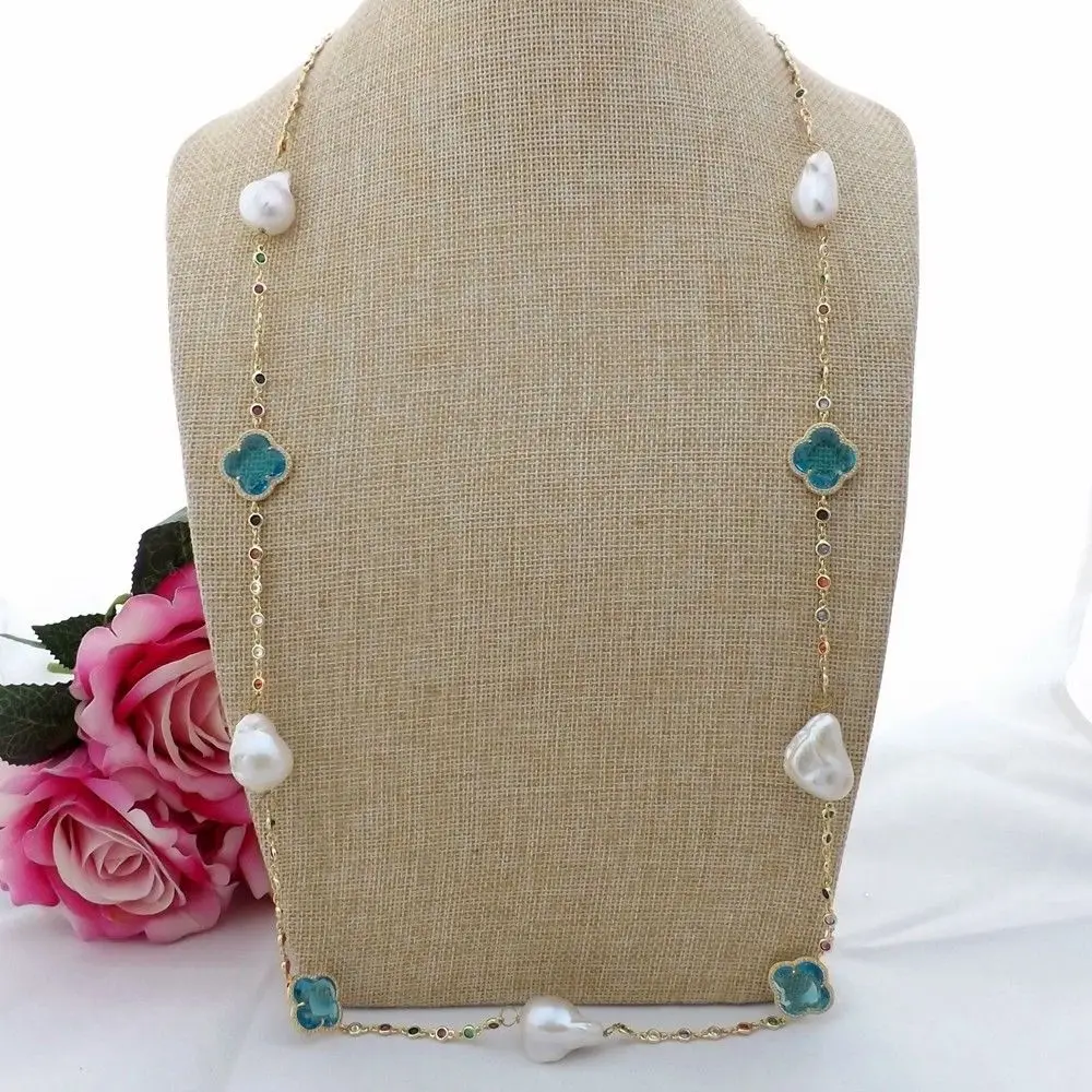 

K091203 36'' White Keshi Pearl Blue Crystal Chain Necklace