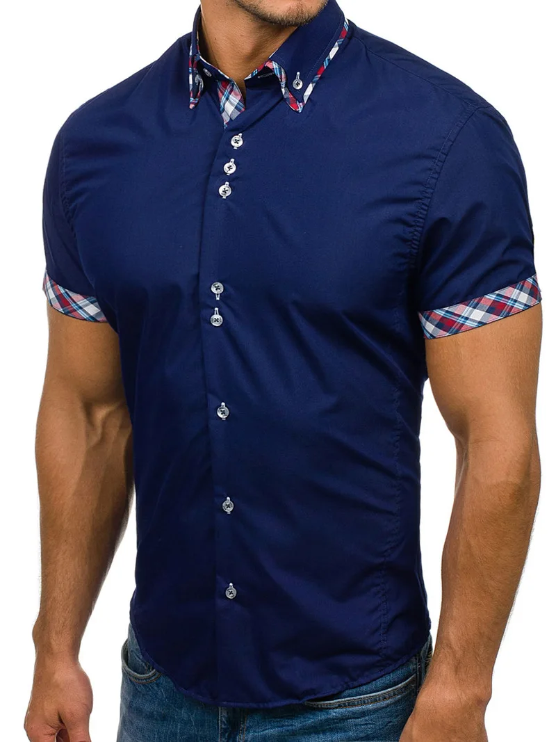 Лидер продаж однотонные мужские короткий рукав модный бренд лето Slim Fit для мужчин отложным воротником высокое количество плюс размеры