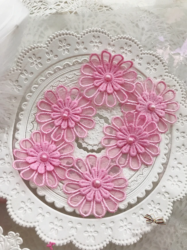 

20pcs 4.5cm 1.77" wide pink 3D bead floral flower organza embroidery lace appliques patches L14Q191